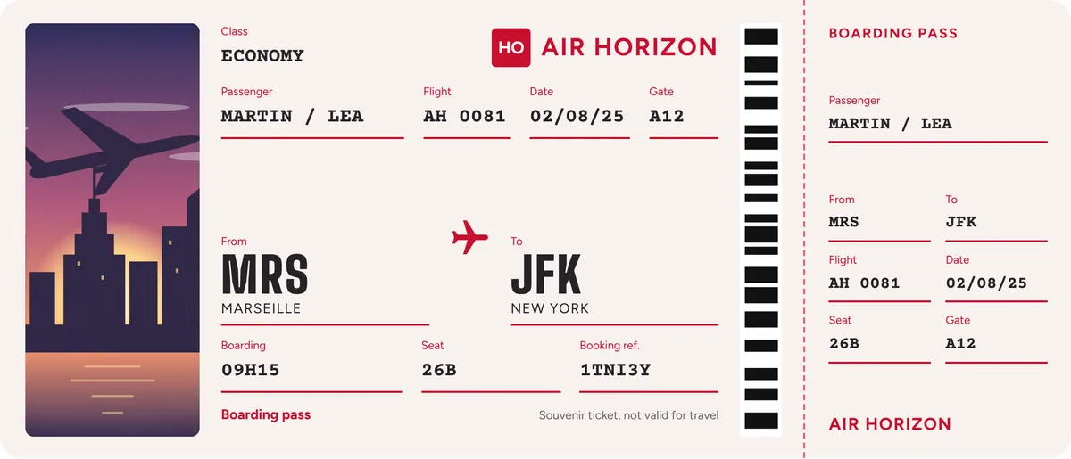 Example of a Print My Ticket souvenir boarding pass, 210 × 90 mm, with photo, cities and airport codes, flight, date, seat and stub