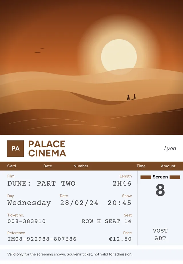 Example of a Print My Ticket cinema souvenir ticket, 80 × 115 mm, with photo, film title, cinema, date, showtime and seat