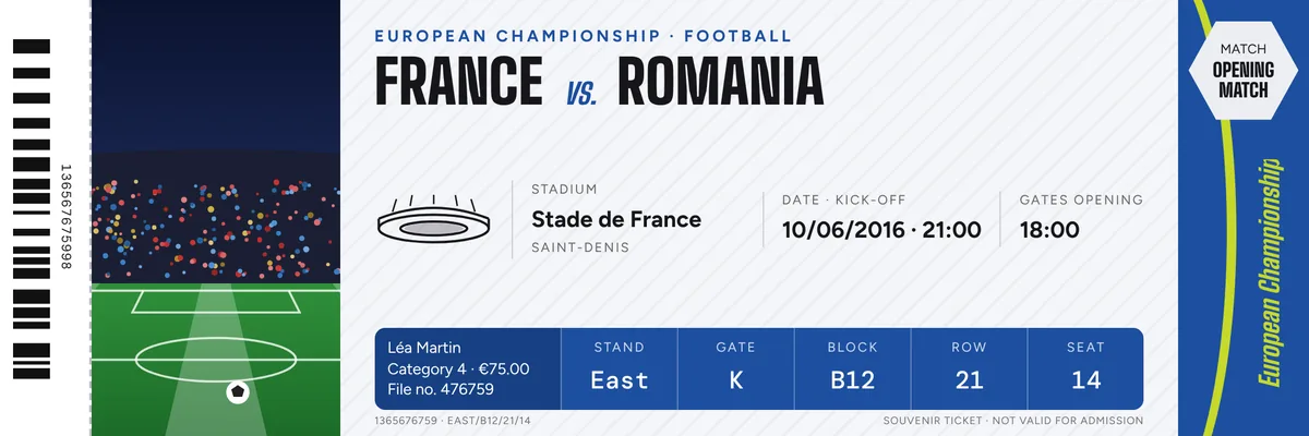 Example of a Print My Ticket match souvenir ticket, 210 × 70 mm, with photo, teams, competition, stadium, date, stand, block, row and seat