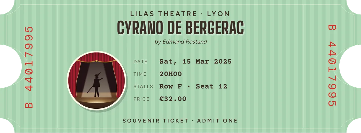 Example of a Print My Ticket theatre souvenir ticket, 190 × 70 mm, retro mint style, with photo, show title, theatre, date and seating