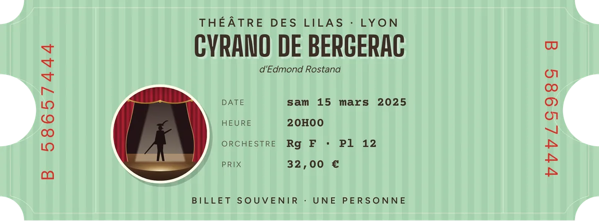 Exemple de billet de théâtre souvenir Print My Ticket au format 190 × 70 mm, style rétro couleur menthe, avec photo, titre du spectacle, théâtre, date et placement